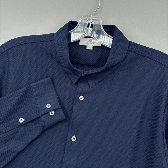 Canali Shirt Mens 56 Navy Textured Breathable Long Sleeve Dress Button Up Italy